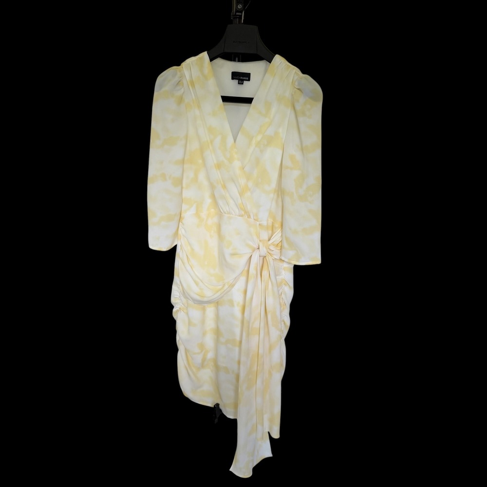 Lucy Paris Yellow White Tie Dye Faux Wrap Ruched Puff Sleeve Mini Dress Small